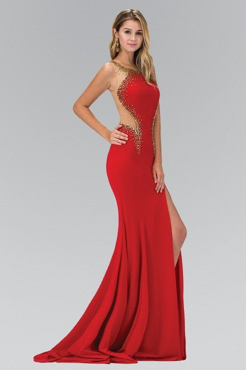 red prom dress with gold accents