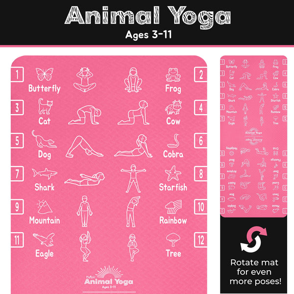 Tapis de yoga pour enfants Plyopic - Rose - Poses de yoga animales