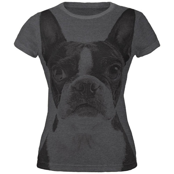 Boston Terrier Vintage All Over Dark Heather Juniors Soft T-Shirt ...