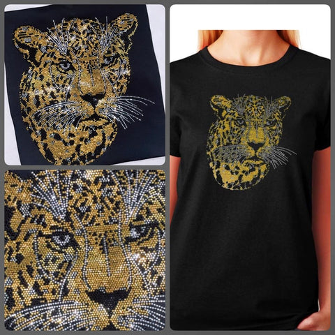 Women's Rhinestone Fitted Tight Snug Shirt Gold Leopard Face