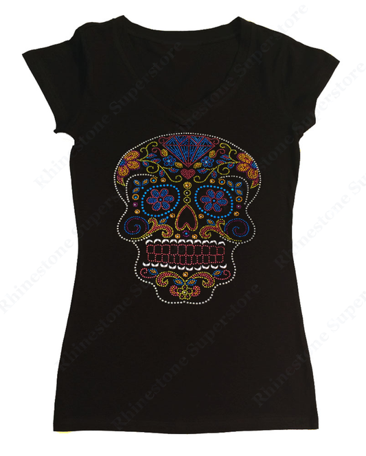 Rhinestone Sugar Skull Shirt/ Native American Headdress Skull Dia