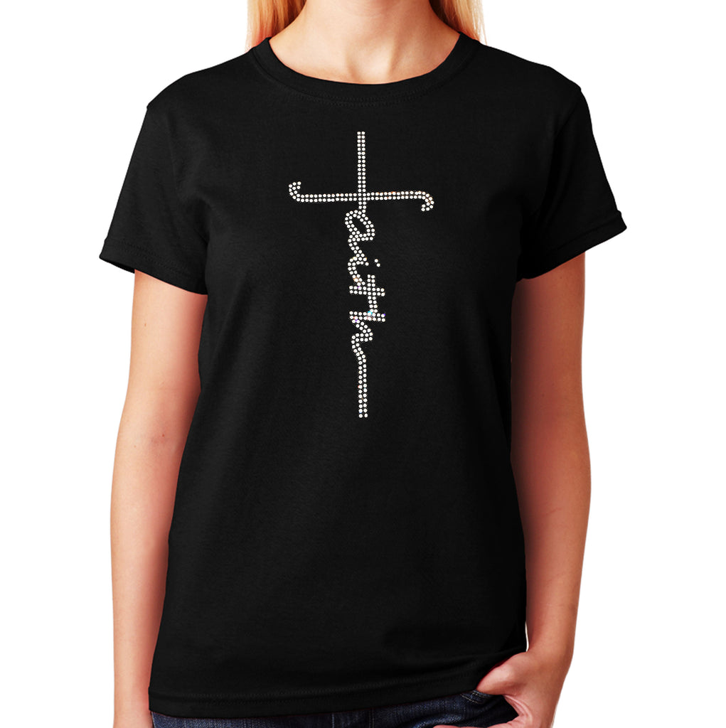 Women's / Unisex T-Shirt with Faith Script Cross in Rhinestones ...