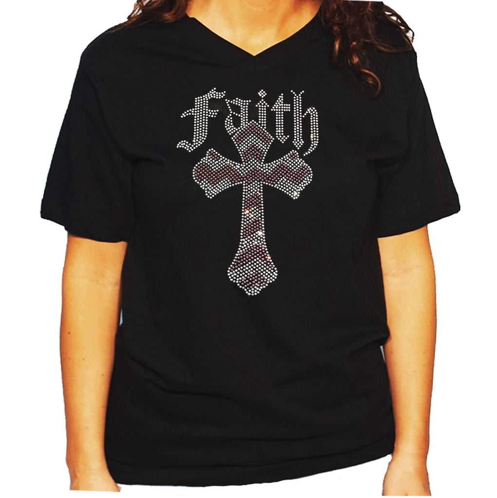 Women's / Unisex T-Shirt with Pink and Crystal Faith Cross in Rhinesto ...