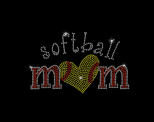 Rhinestone Transfer " Softball Mom with Heart " Iron-On, Hotfix, Bling Design, DIY
