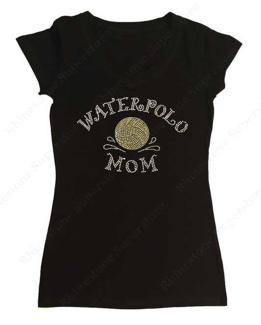 Womens T-shirt with Yellow Waterpolo Ball Mom in Rhinestones