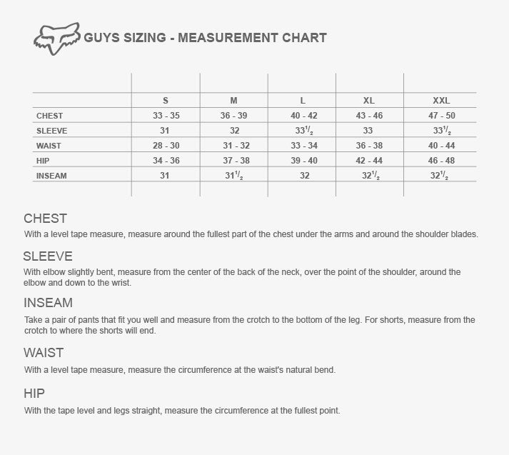 Fox Flux Size Chart