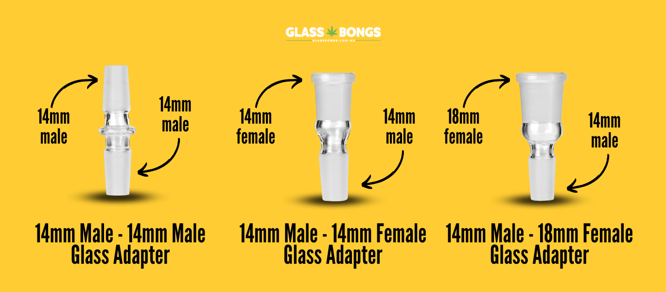 Three different sizes of glass joint adapters for bongs
