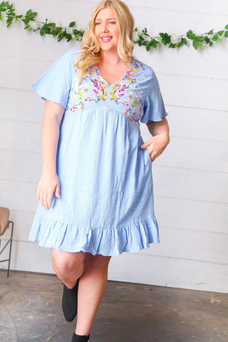 Chambray Floral Embroidery Ruffle Hem Dress