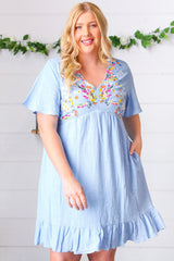 Chambray Floral Embroidery Ruffle Hem Dress