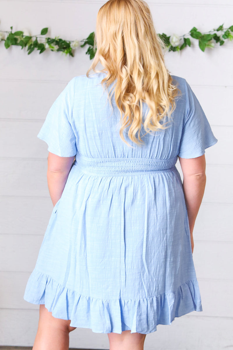 Chambray Floral Embroidery Ruffle Hem Dress