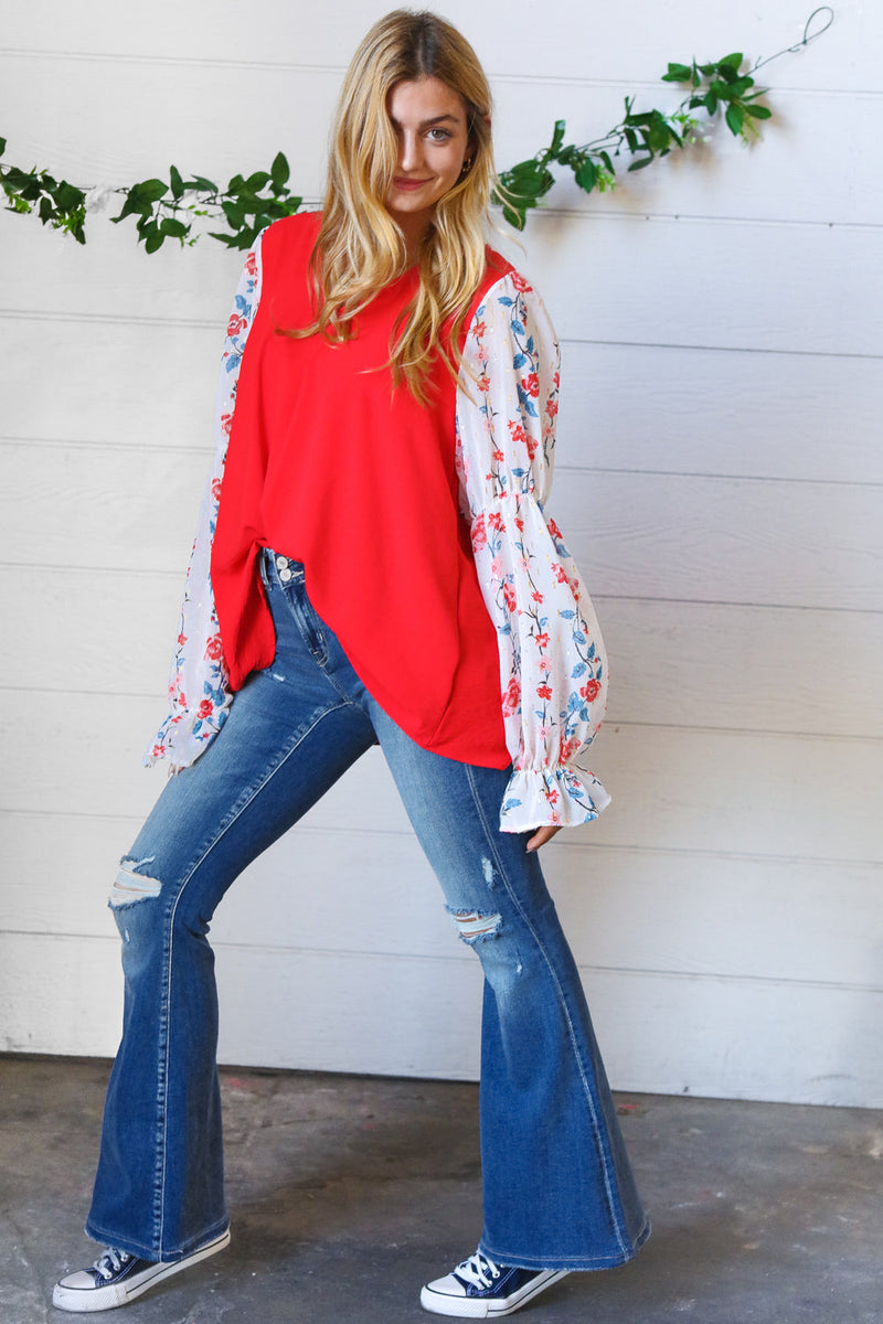 Red Chiffon Foiled Floral Thread Ruffle Sleeve Blouse