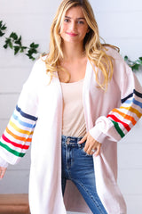 Rainbow Stripe Bubble Sleeve Open Sweater Cardigan