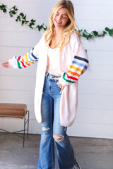 Rainbow Stripe Bubble Sleeve Open Sweater Cardigan