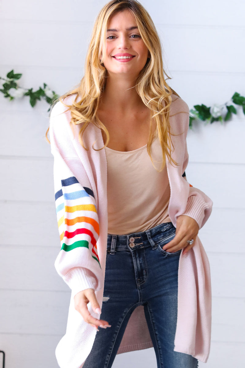 Rainbow Stripe Bubble Sleeve Open Sweater Cardigan