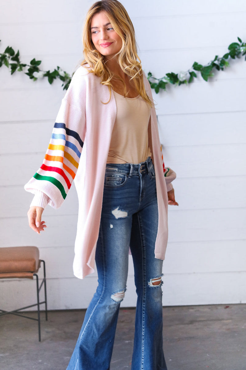 Rainbow Stripe Bubble Sleeve Open Sweater Cardigan