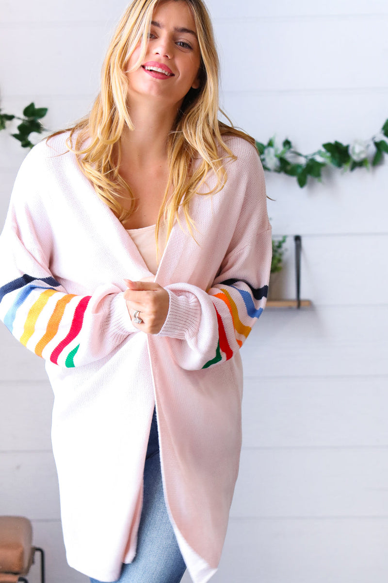 Rainbow Stripe Bubble Sleeve Open Sweater Cardigan