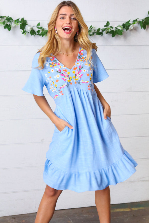 Chambray Floral Embroidery Ruffle Hem Dress