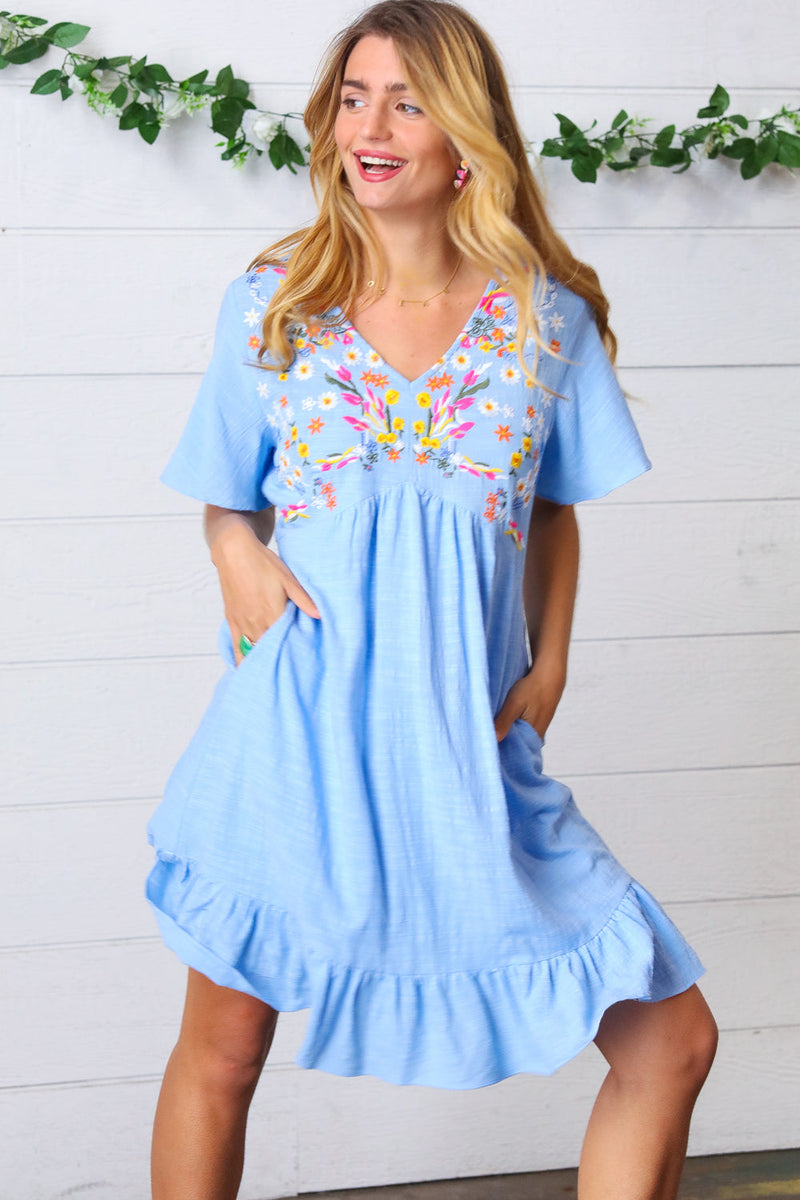 Chambray Floral Embroidery Ruffle Hem Dress