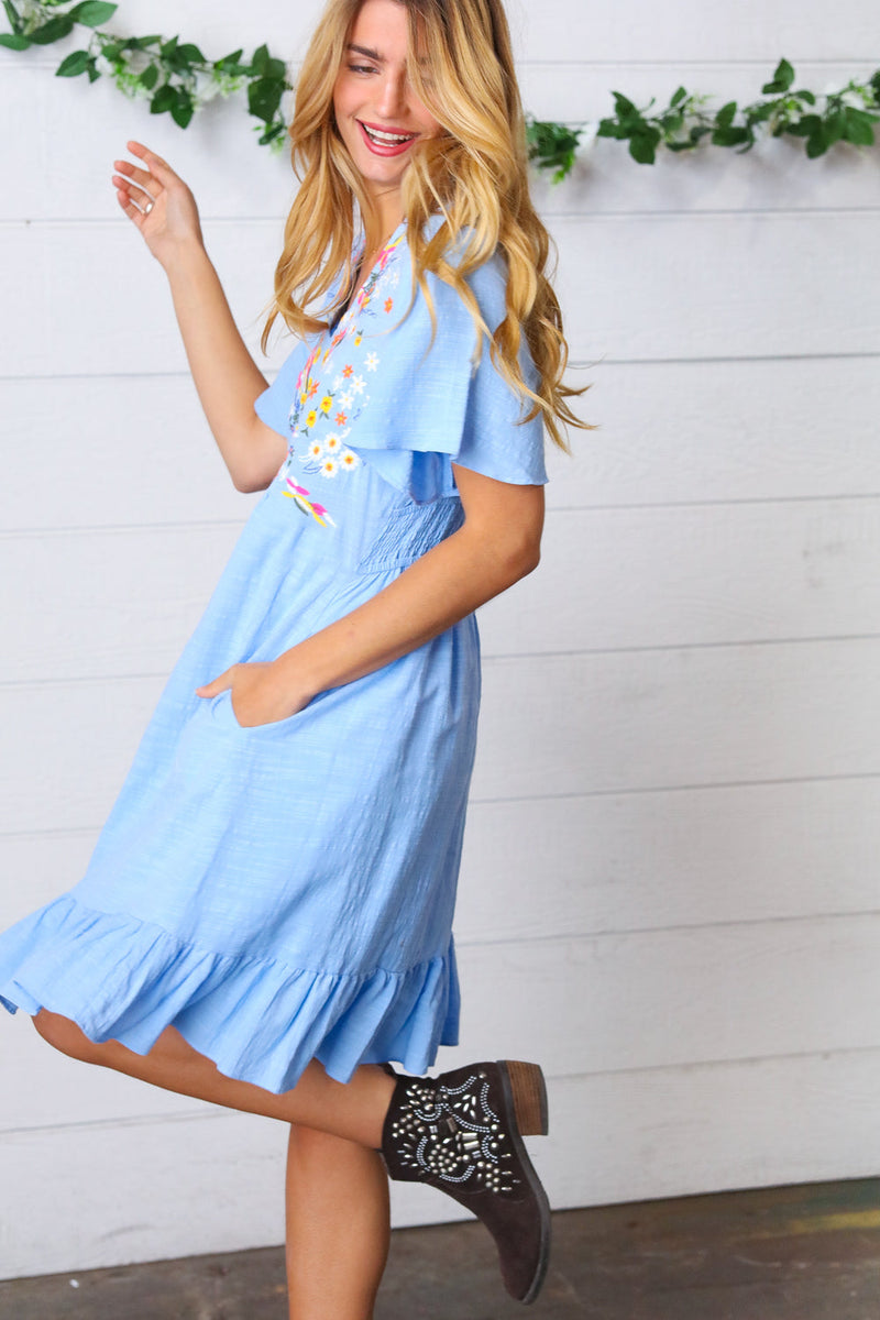 Chambray Floral Embroidery Ruffle Hem Dress