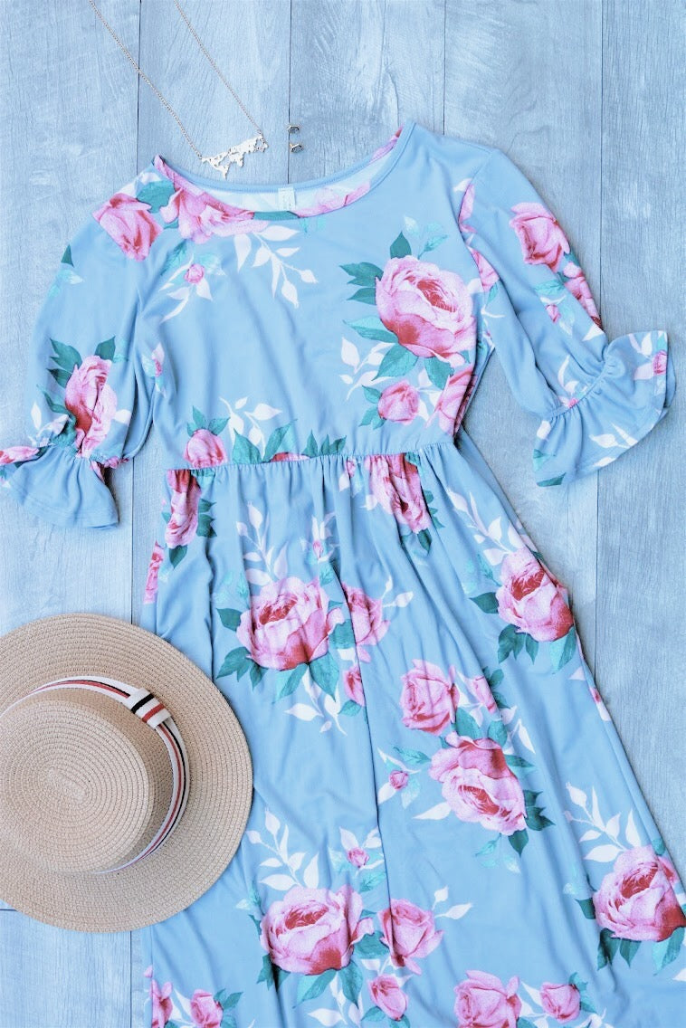 Rose Midi Dress In Powder Blue