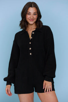 Wherever You Are Button Up Sweater Romper - Black