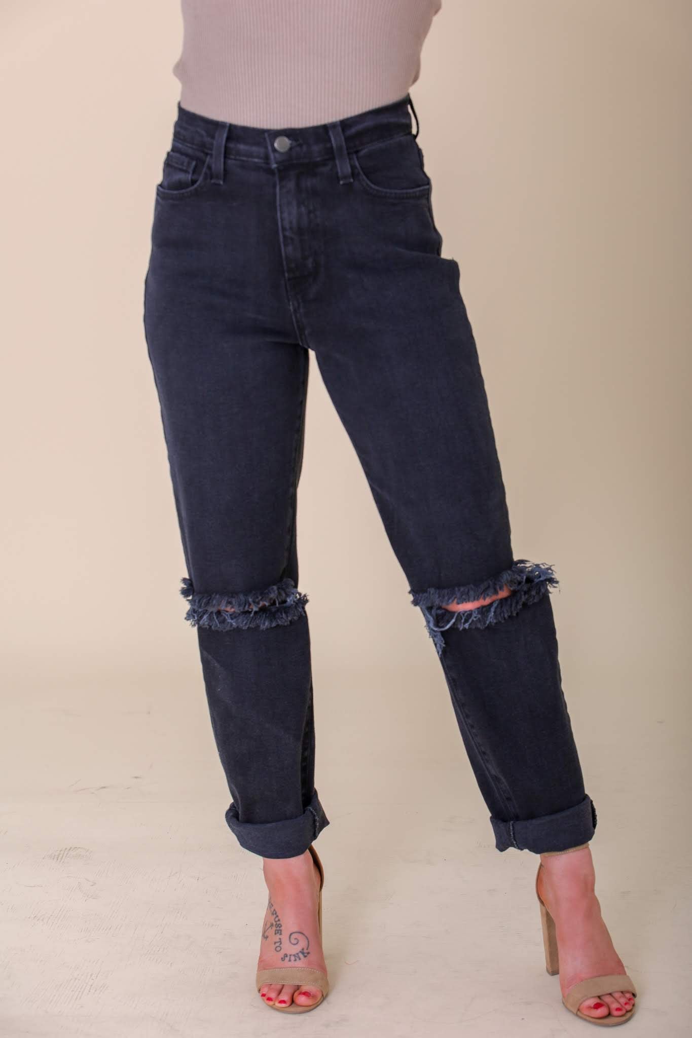 high waisted distressed boyfriend jeans