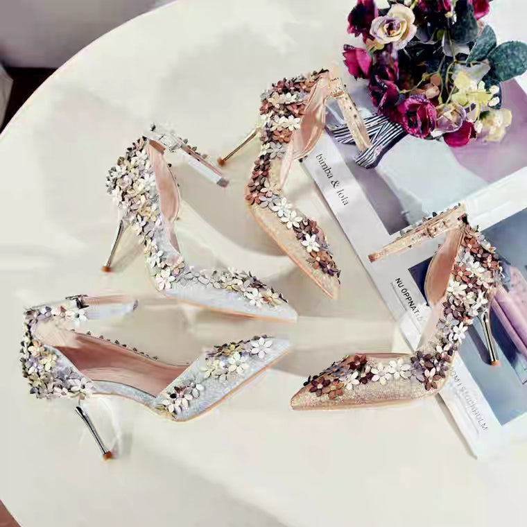 gold floral heels