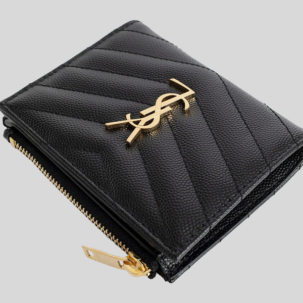 Saint Laurent Grain de Poudre Matelasse Chevron Cassandre Zip Around Wallet Black