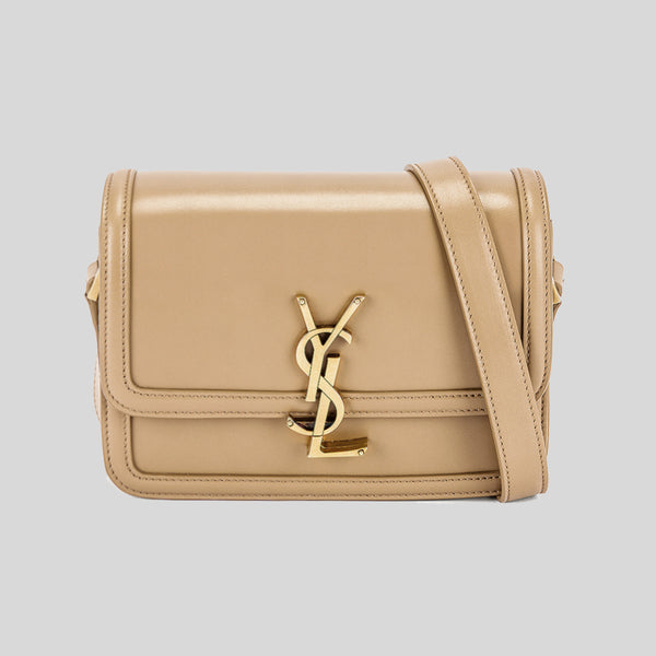 YSL Yves Saint Laurent Chain Wallet Bag Embossed Leather Poudre Beige Tan