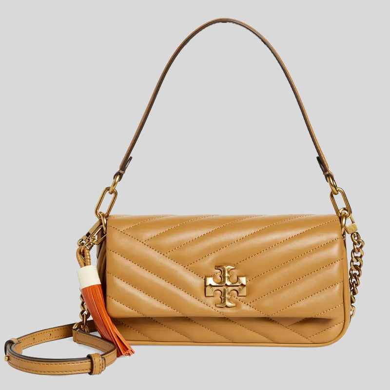 Tory Burch Kira Chevron Tassel Small Flap Shoulder Bag Dusty Almond 90 –  LussoCitta