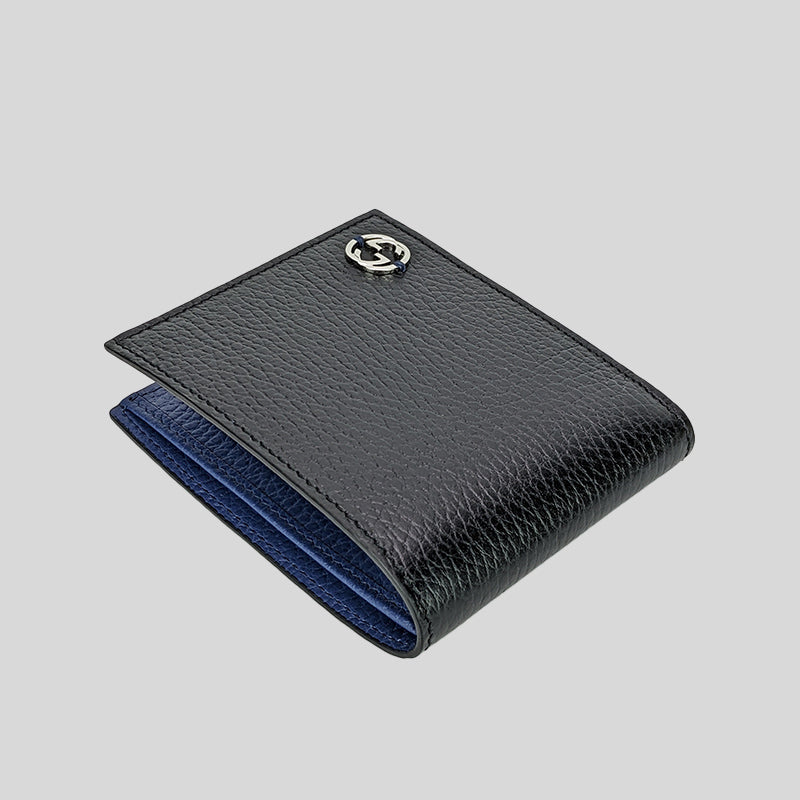 GUCCI Men's Leather Bifold Wallet With Interlock GG Logo Black/Blue 61 ...