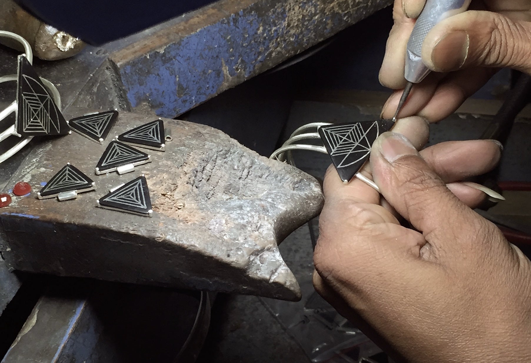 Bidri jewelry in making. Handmade sterling silver jewelry by Lai