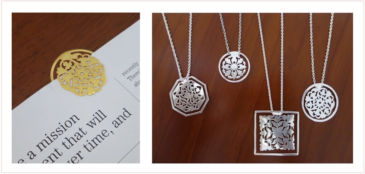 Bookmark'able Pendants in sterling silver and gold plating. By Lai