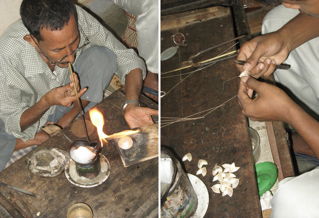 soldering and crafting handmade sterling silver jewelry. Handmade in India by Lai