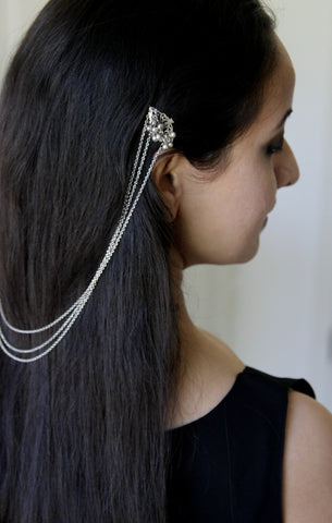 Kundan inspired pearl tassel earrings with hair chain by Sellori  The  Secret Label