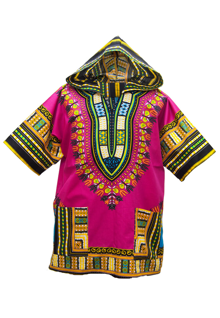 Hooded African Dashiki Shirt Dress Unisex for Men or Women - Pink ...