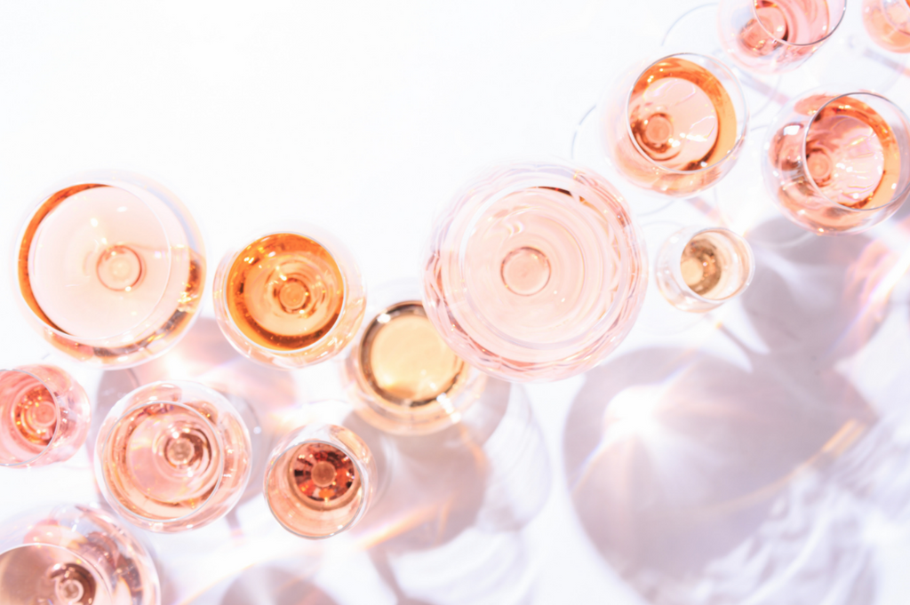 overhead shot of assorted glasses of rosé