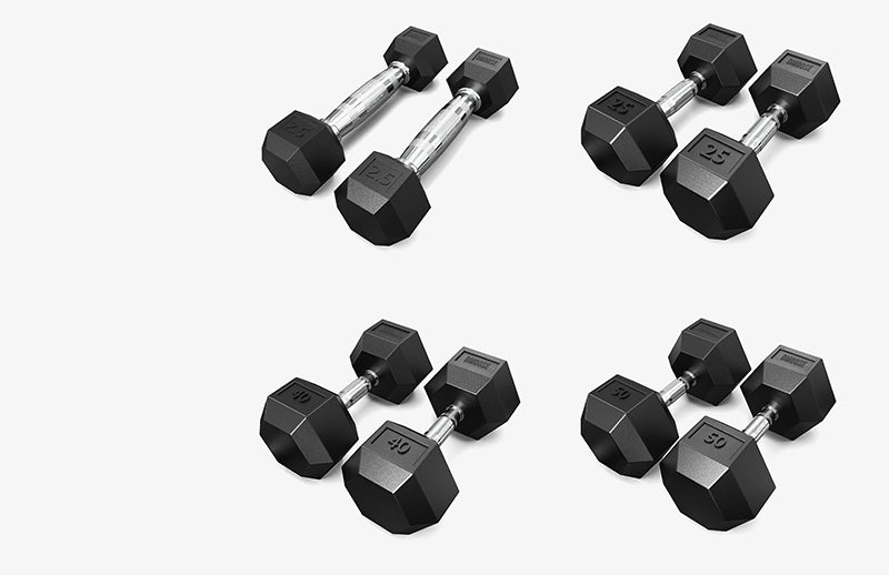 Hex dumbbells in different sizes and shapes