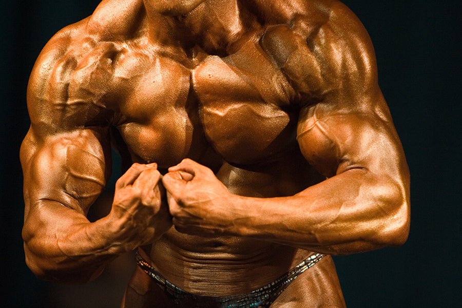 Bodybuilder pperfroming a back double biceps pose in gym stock photo