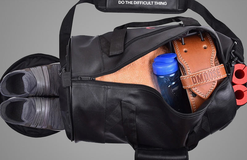 A DMoose gym bag filled with workout equipments