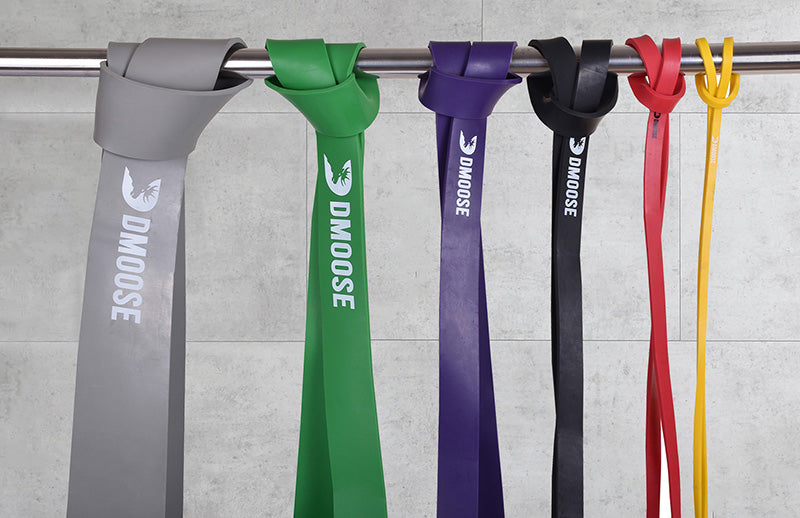 White, Green, Purple , Black, Red, Yellow Dmoose pull up bands are tied to a rod