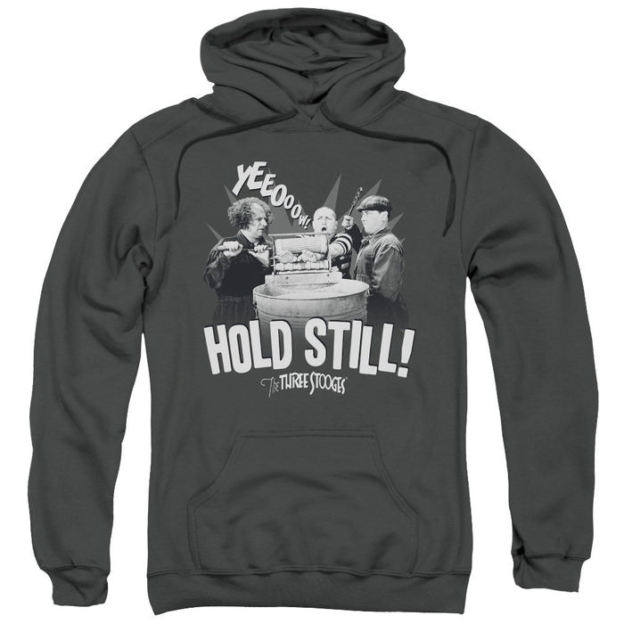 Three Stooges/Hold Still-Adult Pull-Over Hoodie-Charcoal
