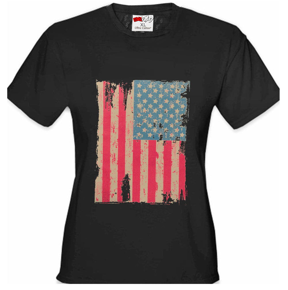 Faded and Distressed American Flag with Hot Pink Stripes Girl's T-Shir ...