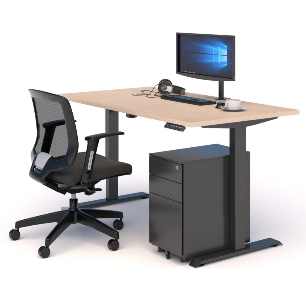 a workspace bundle with standing desk mesh chair  draws oakblack