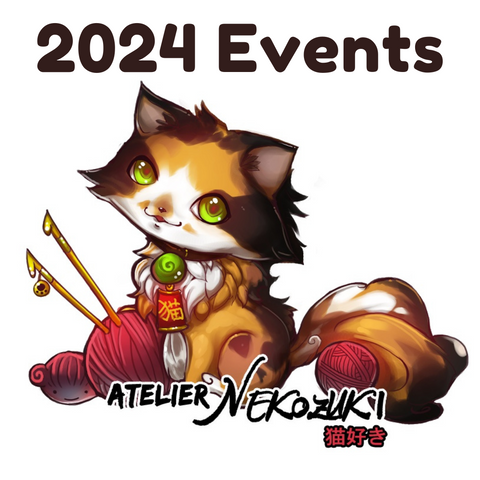 The calico Norwegian forest cat inspired cat with "Atelier Nekozuki" across the bottoms is smiling back at you. Above the cat is "2024 Events."