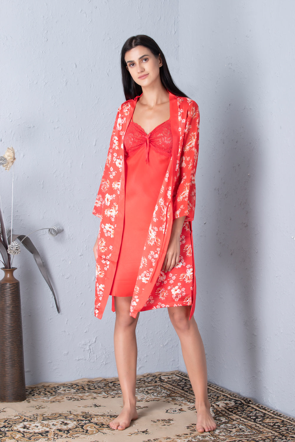 Plain satin Babydoll with chiffon robe Nightgown set - Private Lives