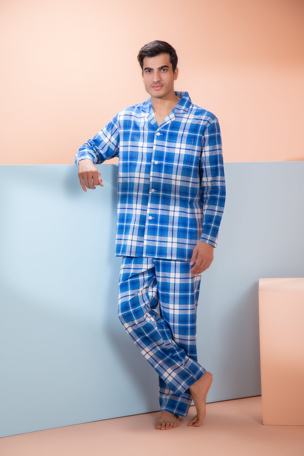 Cotton Check Classic Collar Night suit - Private Lives