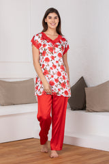Floral Print Red Satin Night suit