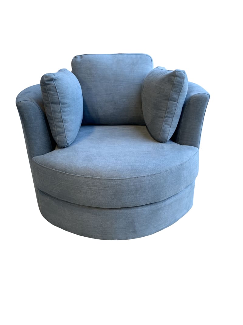 cozy cuddle swivel chair in rustic blue