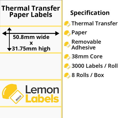 LL1130-23 - 50.8 x 31.75mm Thermal Transfer Paper Labels With Removable  Adhesive on 38mm Cores, Lemon Labels